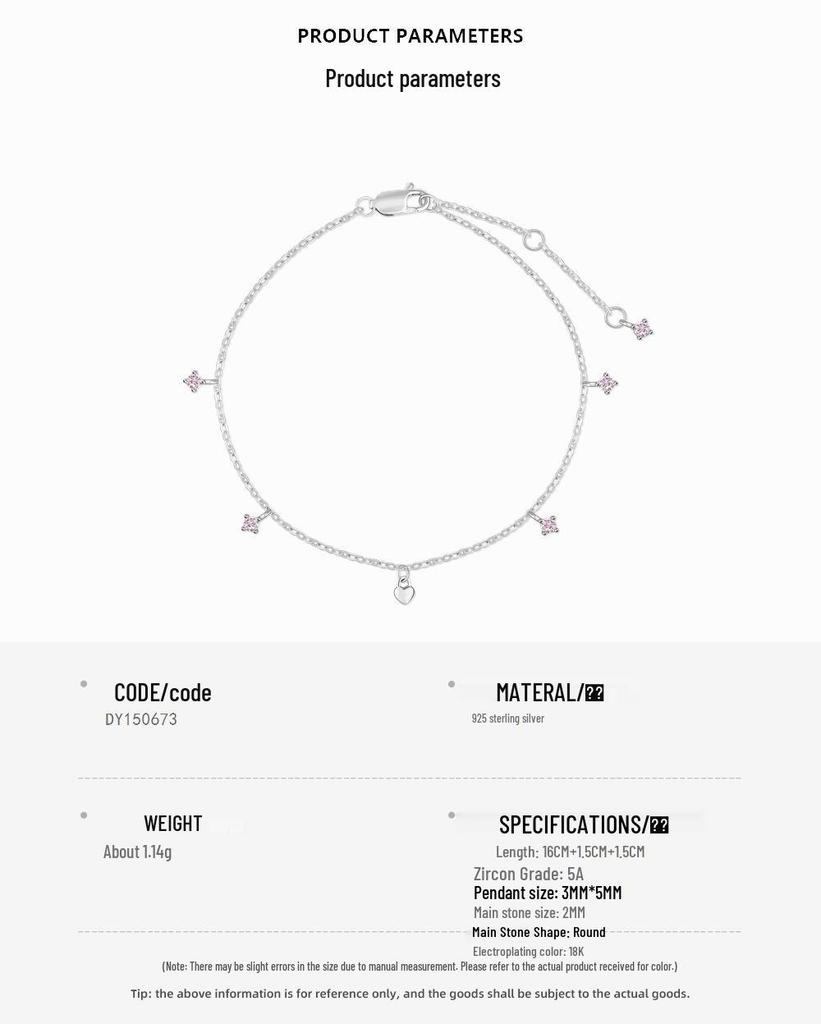 INS Style S925 Sterling Silver Bracelet with Pink Diamond Heart Pendant - Elegant Women's Jewelry