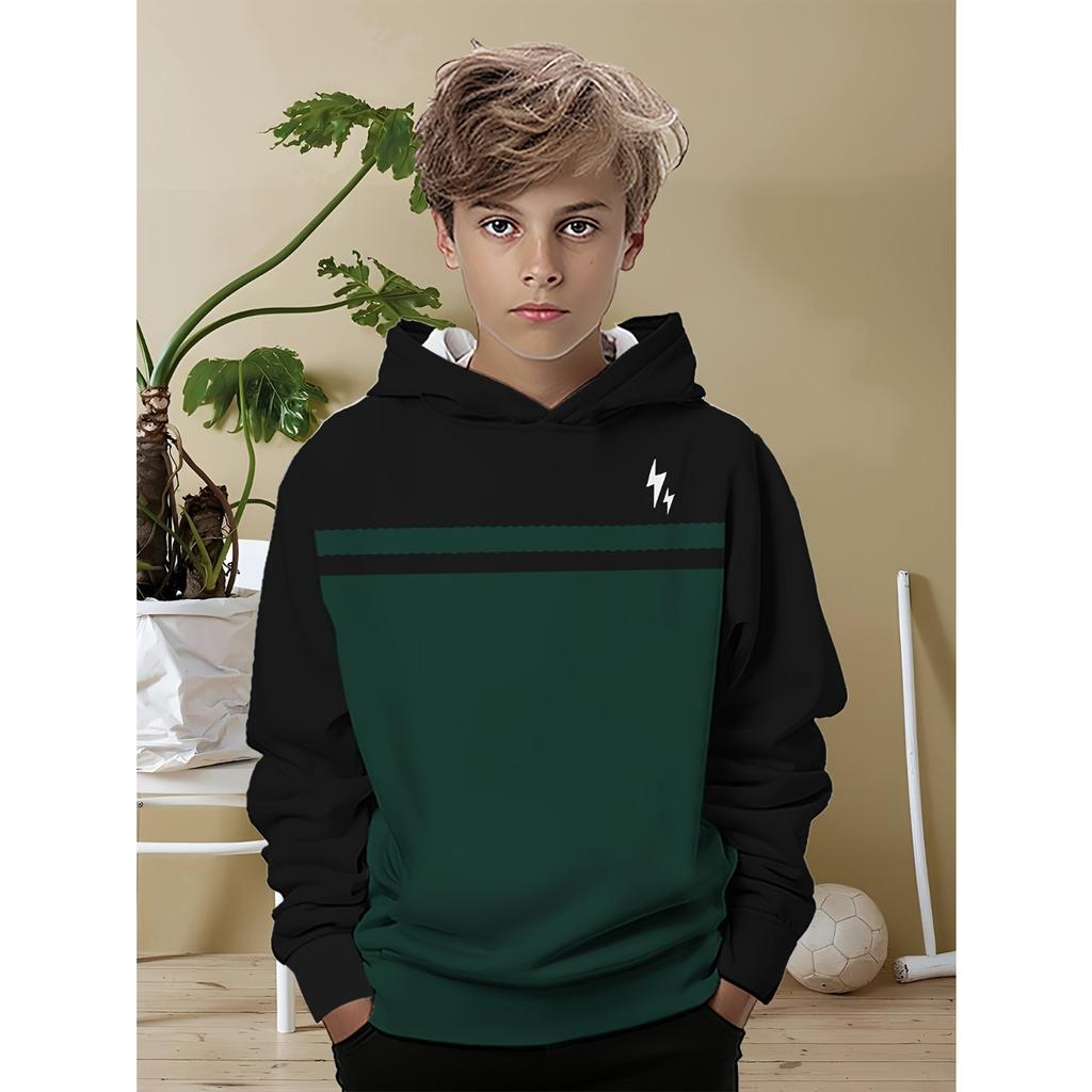 Boys' Casual Hoodie - Black Green Contrast Lightning Print All Season Comfortable Medium Elasticity