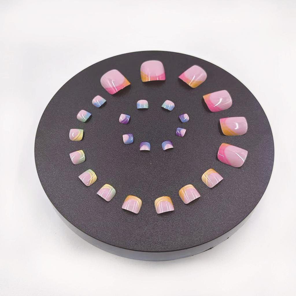 Summer French Gradient False Toe Nails Wearable Short Square Foot Nails Set Press On Nail Tips Rainbow Fake Toenails Full Cover