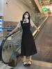 Women's Large French College Style Black Two-Piece Polo Dress - Waist Slimming A-Line Summer Skirt