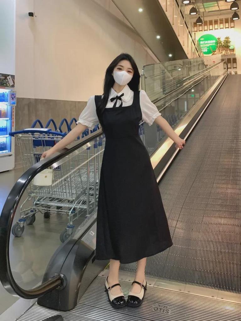 Women's Large French College Style Black Two-Piece Polo Dress - Waist Slimming A-Line Summer Skirt