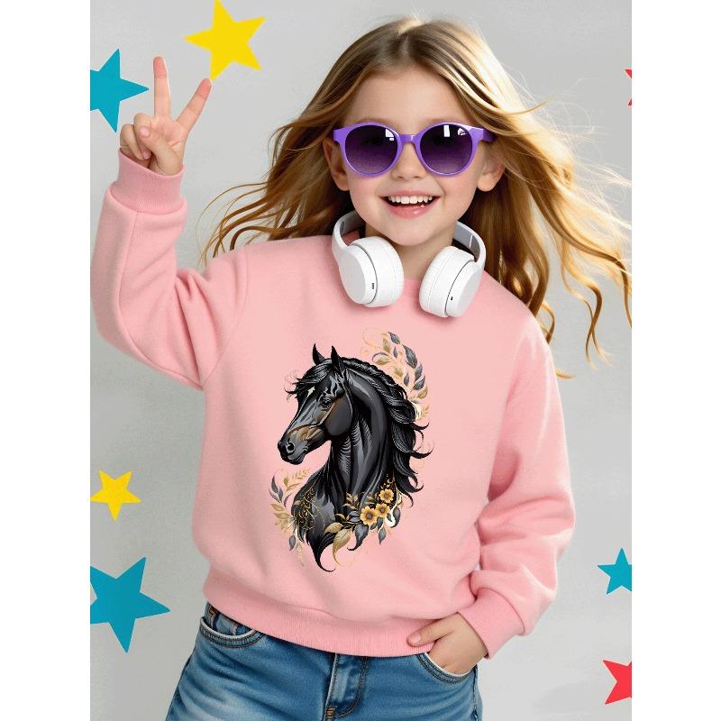 Kids Sweatshirt Crewneck Sweatshirt Black Horse with Golden Floral Pattern Machine Washable, Spring And Autumn, Sportswear And Casual Wear