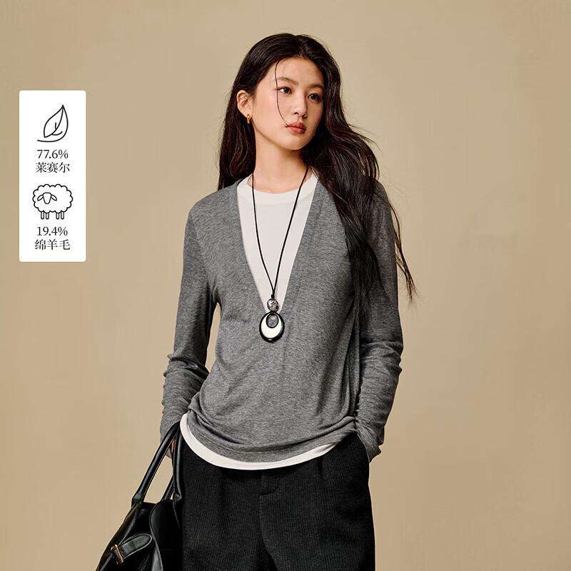 INMAN Women s Lyocell Wool Faux Two-Piece Long Sleeve T-Shirt S