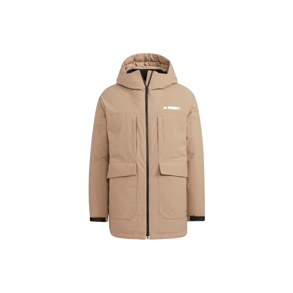 Adidas Solid Color Printed Logo Zip Hooded Down Jacket Unisex Outerwear Brown HR8445