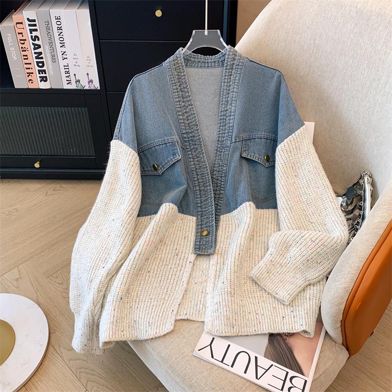 Cardigan Coat Supradimensionat Gros de Damă, Tricotat Vintage cu Patchwork din Denim, pentru Toamnă și Iarnă
