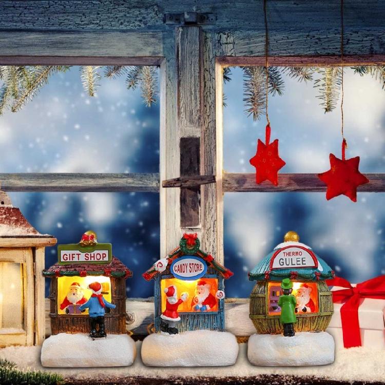 LED Light Up Christmas Ornament Resin House Shape Figurine Desktop Decoration Miniature Cottage Statue for Office