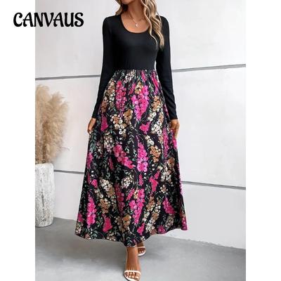 Women's Spring Summer Floral Print Colour Block Long Sleeve Dress