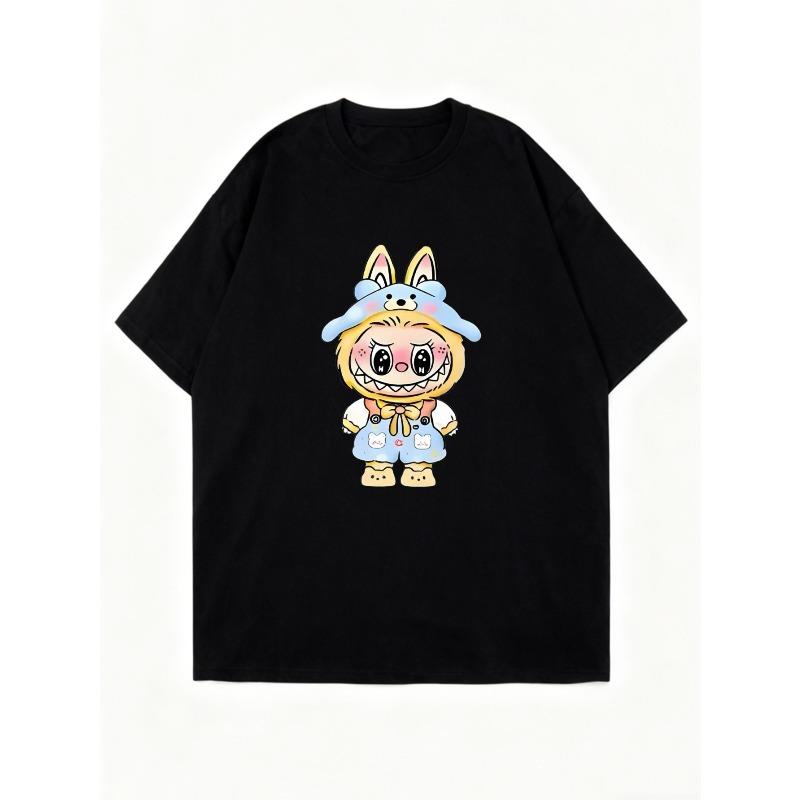 Cute Cartoon Bunny Oversized T Shirt Black Kawaii Rabbit Character Print For Casual Wear And Everyday Style