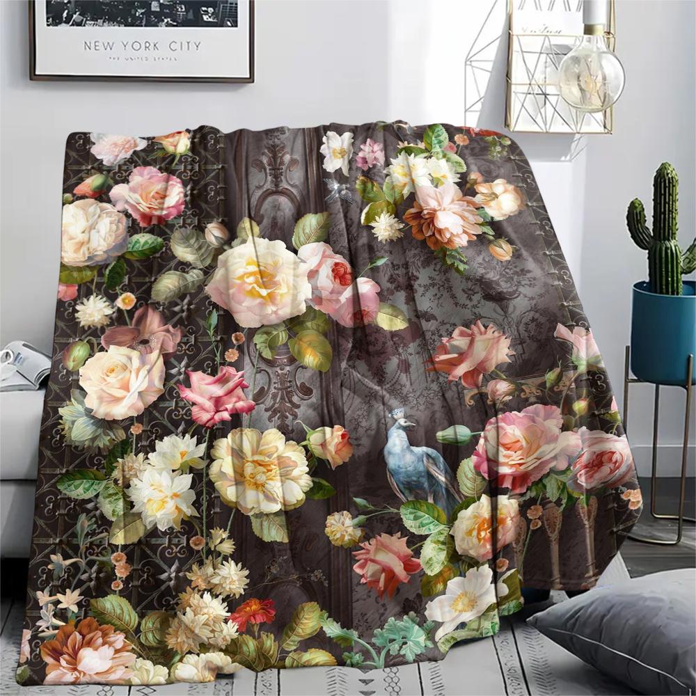1Pc Vintage Floral Bird Print Flannel Blanket, High quality Comfortable for All Seasons, Home Decor, Warmth and Comfort, Perfect for Gifts