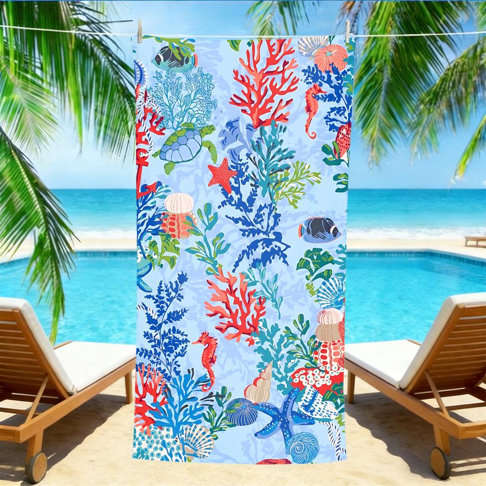 

Coral Reef Marine Life Beach Towel – Oversized Quick Dry Sand Free with Vibrant Seahorse & Turtle Print for Summer W30*H60(CM)