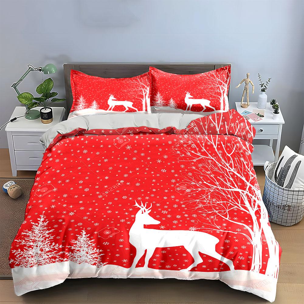 Christmas Reindeer Snow Scene Bedding Duvet Cover Set Duvet Cover Pillowcases (1*Duvet Cover 2*Pillowcases, Without Duvet Insert)
