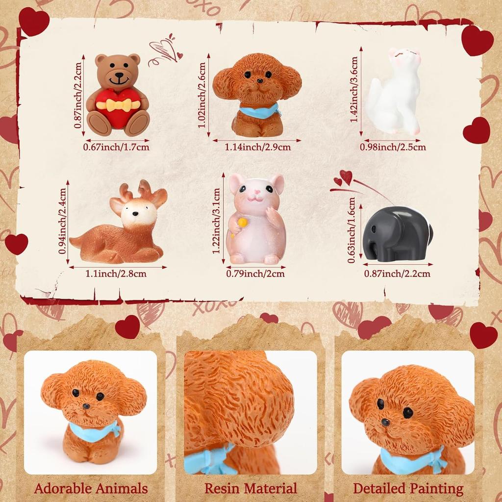 24 Sets Vintage Valentine's Day Cards with Resin Animal Figurines Mini Valentines Figures Bulk Retro Party Gifts Classroom Favors for Students School