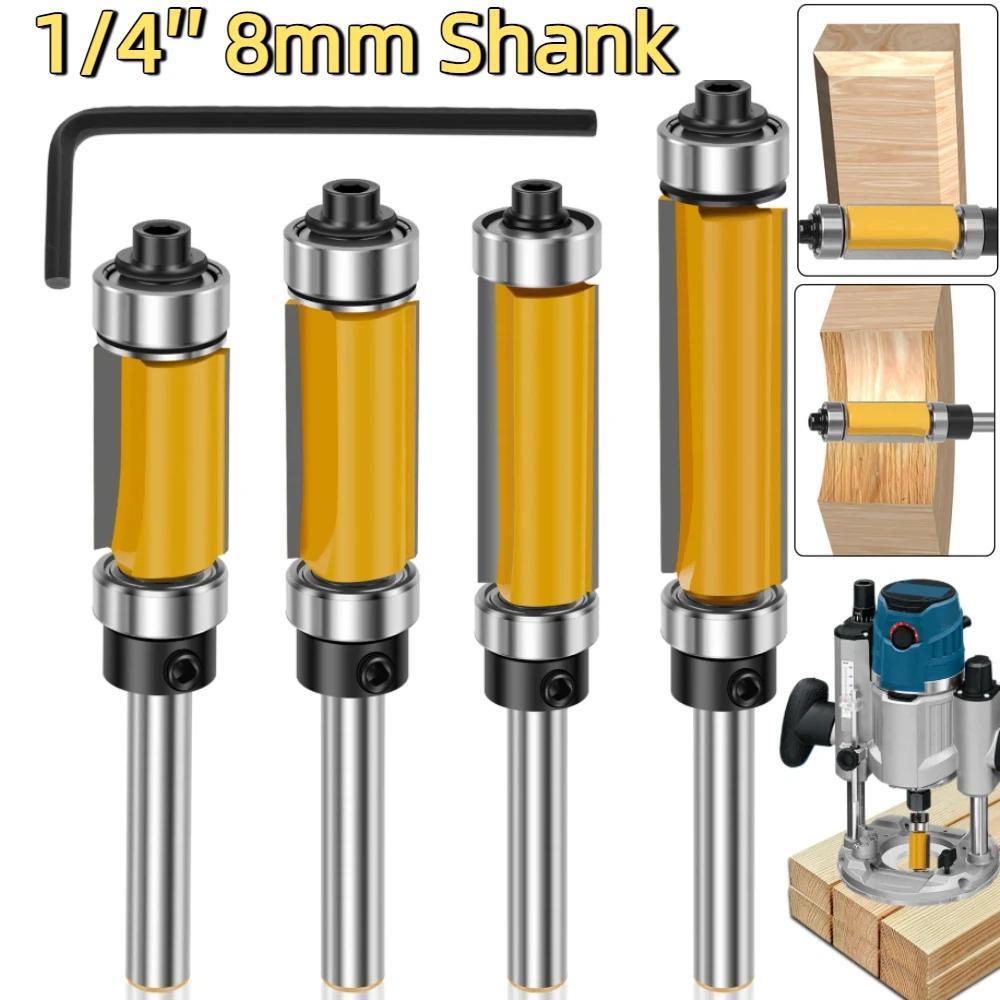 4 Pcs 1/4′′ 8mm Shank Flush Trim Router Bit Blade Template Pattern Bit Bearing 1/2Inch Straight End Mill for Woodworking Cutting