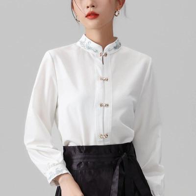 Blusa de estilo chino con solapa de primavera para mujer, con botones y manga larga