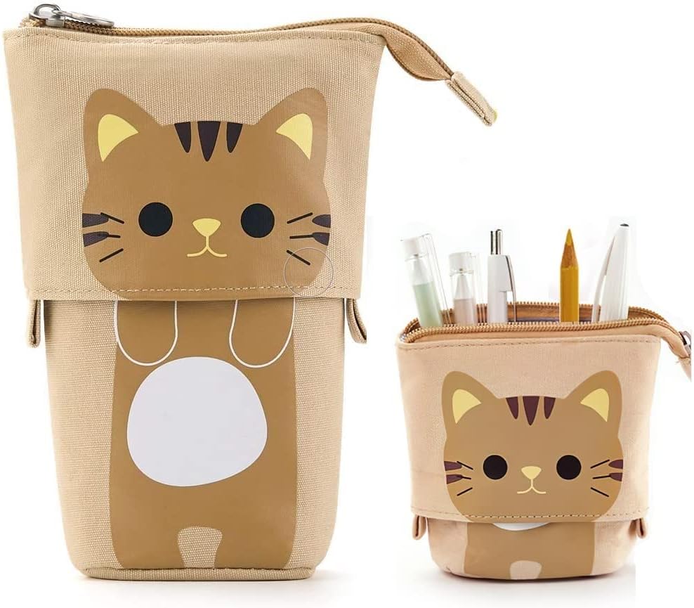 Hillylolly Pencil Case Cat, Children's Pencil Case Cat, Cat Stationery, for Girls Boys Teen Gift, 12.5 ~ 19 Cm, Khaki, Pencil Case Cat