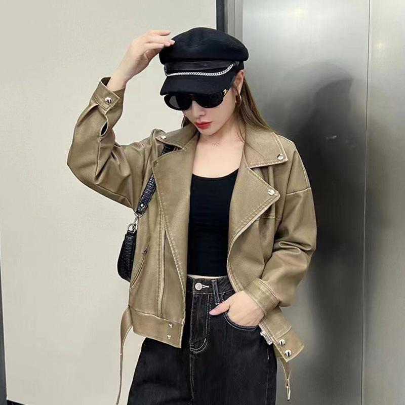 Retro PU-Lederjacke für Damen im Frühling und Herbst, vielseitige koreanische Version, locker und klein, modische Motorradjacke, coole Lederjacke