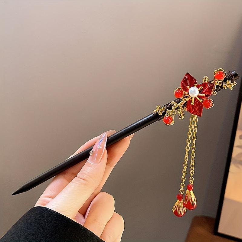 1pc of Wooden Red Rose Flower Tassel Faux Pearl Hairpin, Vintage New Year, Bridal Gift Hair Accessory, Christmas Present