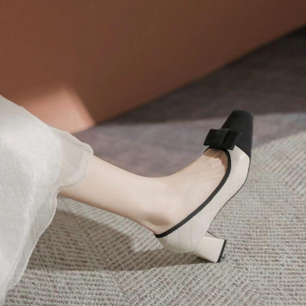 Fashion Woman Pumps Color Spelling Square Toe with Medium Heels Bow Shoes for Women Discount Vacation Stylish On Offer Fashion Young 39