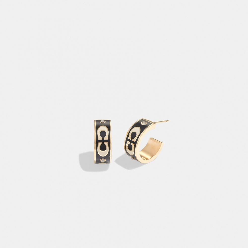 Coach Signature Enamel Huggie Earrings Gold White
