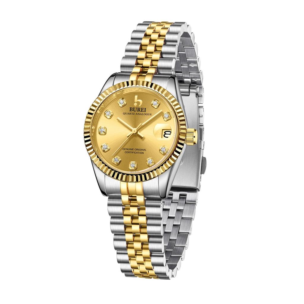 BUREI Women's Watch, Japanese-Made Quartz Movement, Analog, Waterproof, Gold Diamond Dial, Stainless Steel, Business Watch, Popular, Stylish, Simple,