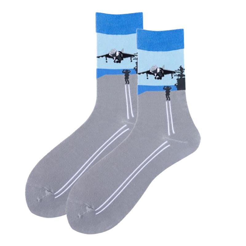 1Pair Funny Ins Astronaut Airplane Heavenly Body Middle Tube Men Happy Socks Streetwear Cotton Male Skateboard Boys Adult Sox