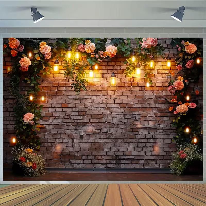 2D Vintage Brick Wall with Floral and Light Bulb Backdrop Party Photo Background Cloth