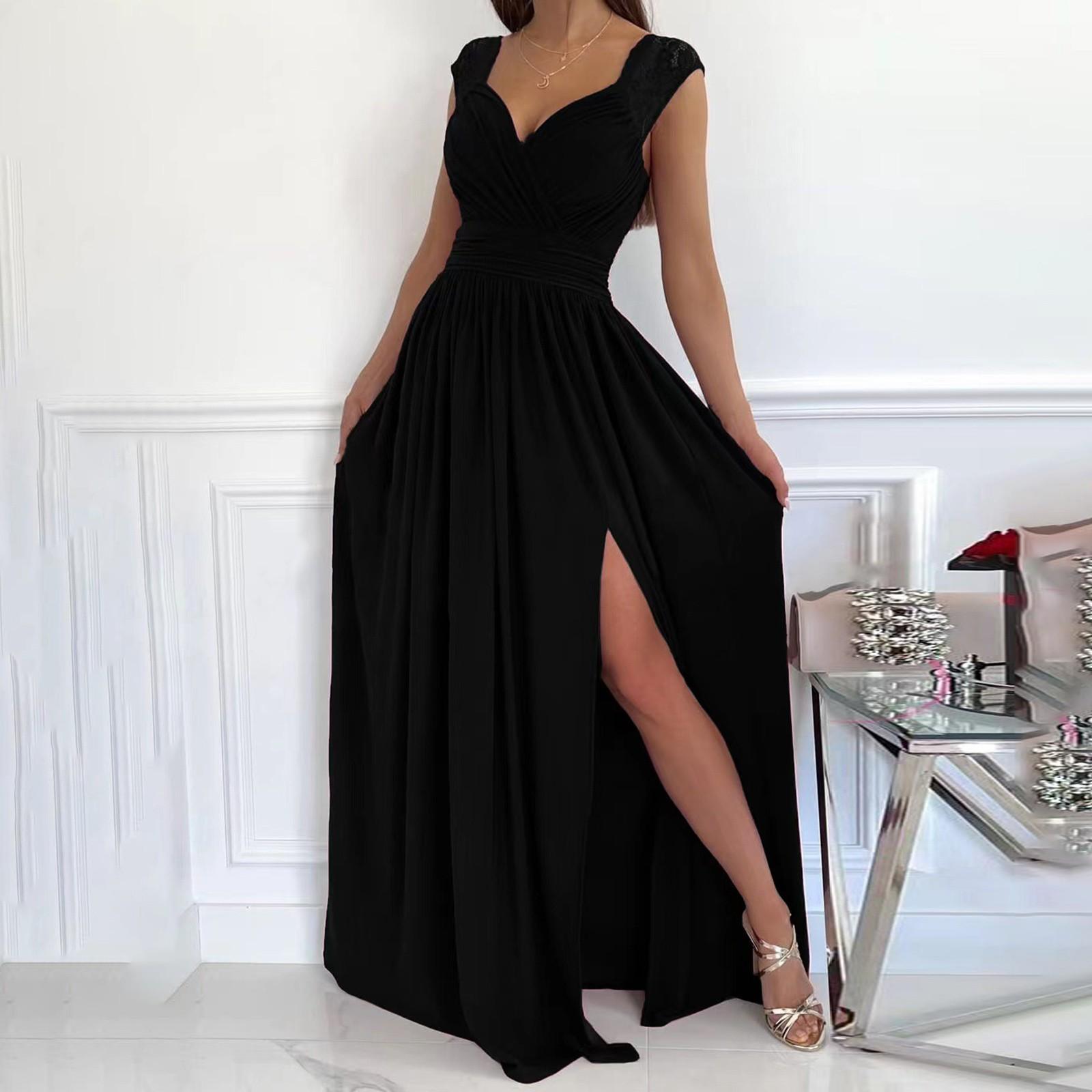 

Женское модное повседневное платье макси без рукавов, элегантное длинное платье с разрезом, кружевное вечернее платье XXL чёрный