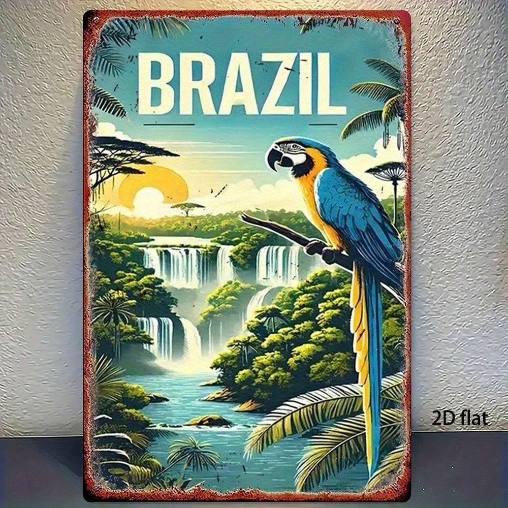 Vintage Brazilian Parrot Tin Sign, 8x12 Inch Retro Metal Wall Art, Tropical Decor