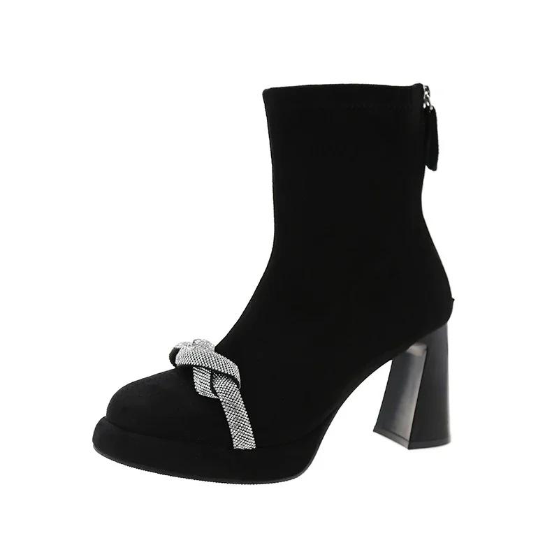 Mode Hohe Absätze Kristall Damen Stiefeletten Wildleder Sexy Klobige Schuhe Frau 2025 Trend Elegante Chelsea Boots Pumps Neu Winter Mujer Botas