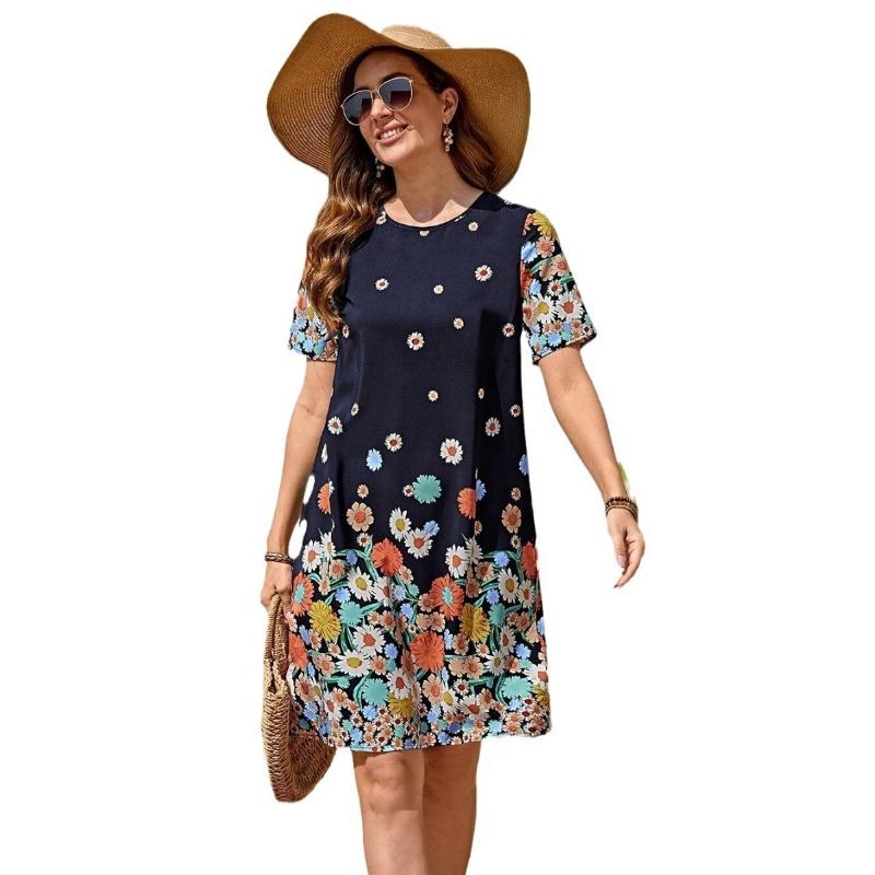 Spring/summer Floral Print Crew Neck Women's Short-sleeved Dress