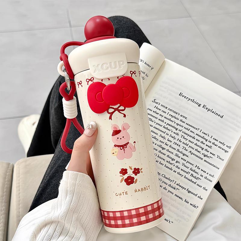 Cute Cat Thermal Water Bottle With Straw Bow Sticker Stainless Steel Thermos For Hot Cold Water Coffee Tea Thermal Cup 600ml