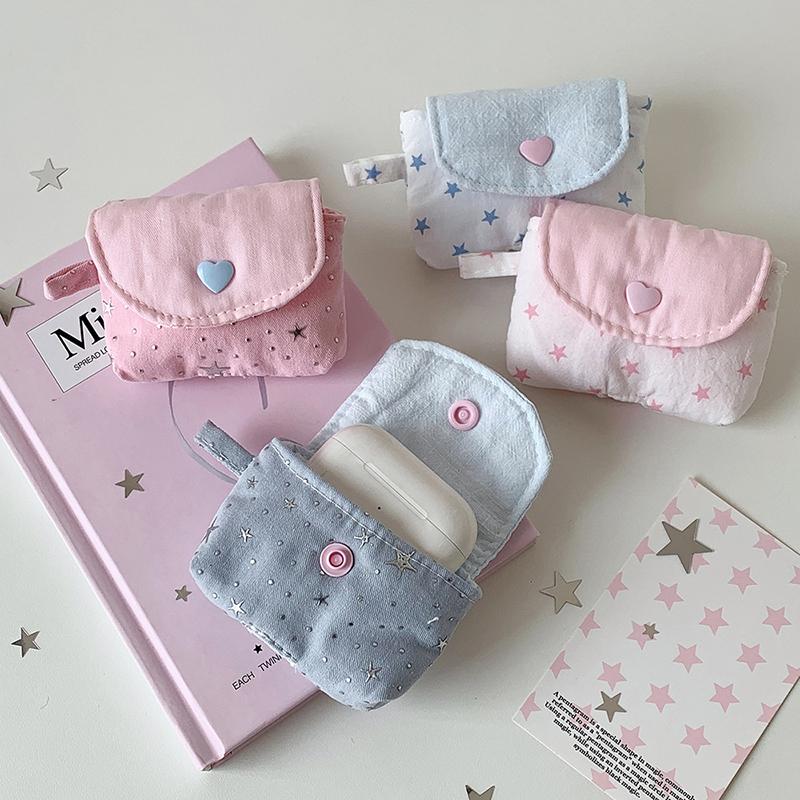 Mini Earphone Storage Bag Snap Button Sequined Stars Bluetooth Headset Case Key Jewelry Protective Pouch For Women Girls