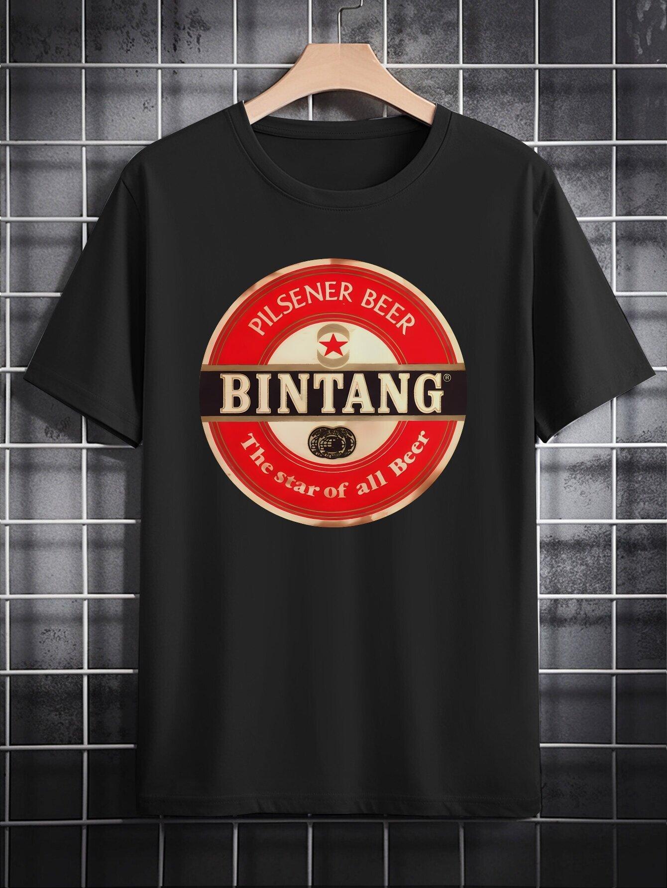 Casual Round Neck T-shirt with Bintang Beer Print - Polyester M
