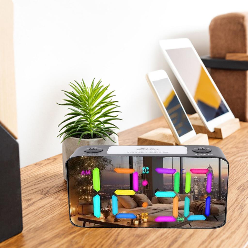 7 Inch Mirror Alarm Clock with Bed Shaker RGB Night Light 5 Levels Volume Vibrating Alarm Clock for Heavy Sleepers Seniors