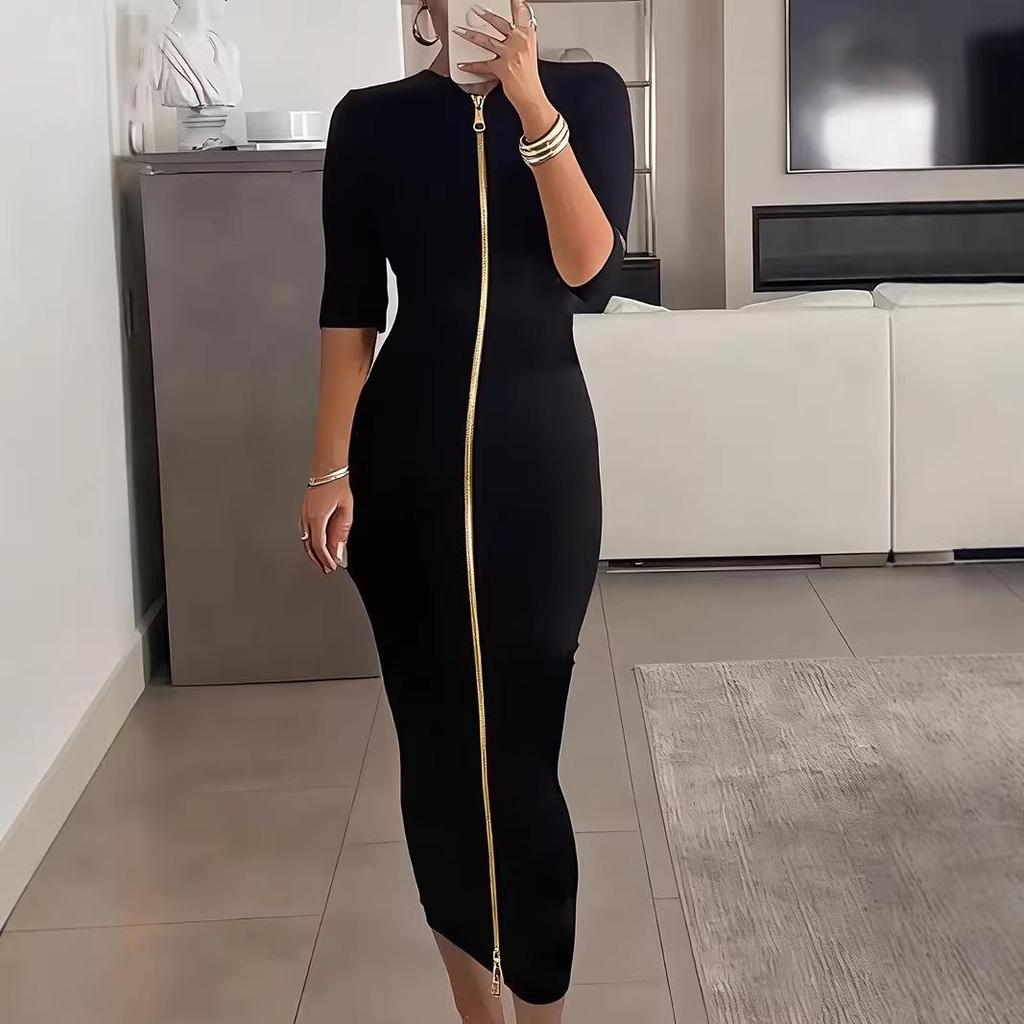 2026 Plus Size Women's Sexy Waist-Cinching Hip-Hugging Zipper Dress with Mid-Sleeves
