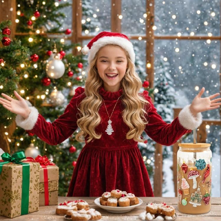 Glass Coffee Cups Drinking Glasses Reusable Travel Coffee Mug, Iced Coffee Cup with Color Changing,Christmas Decorations