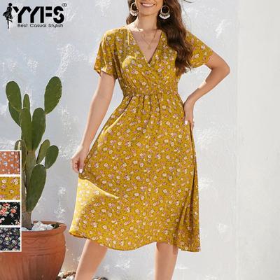 Damesmode Zomer Lente Bloemenpatroon Print Korte Mouw V-Hals Hoge Taille Casual Jurken
