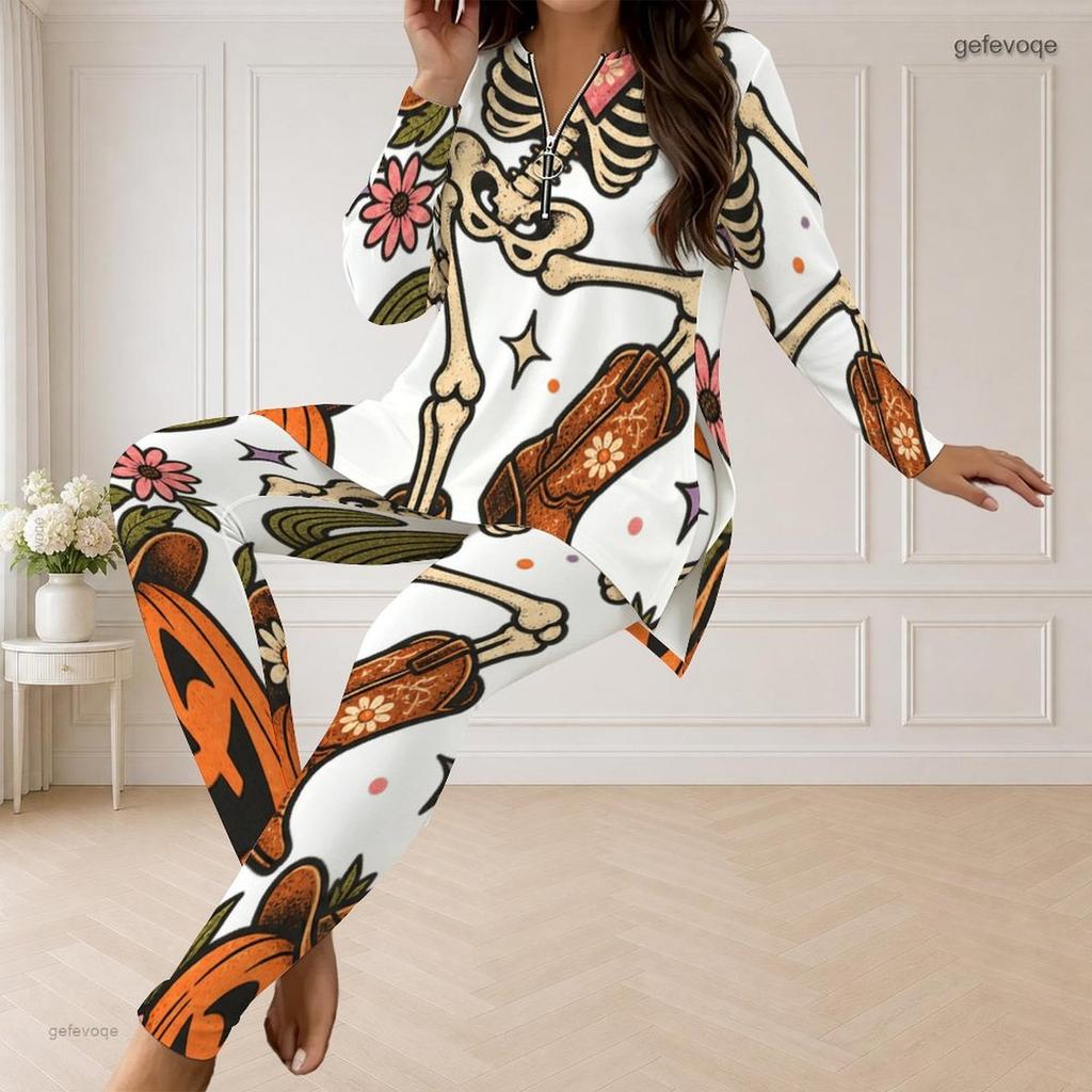 Women Plus Size Front Zip Long Sleeve Cartoon Raccoon Print Two Piece Pants Set