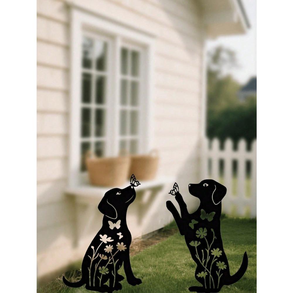 Metal Dog Garden Stakes Set of 2, Cute Puppy Sculpture Outdoor Lawn Art, Weatherproof Yard Decor for Patio, Pet Memorial Gift for Dog Owners