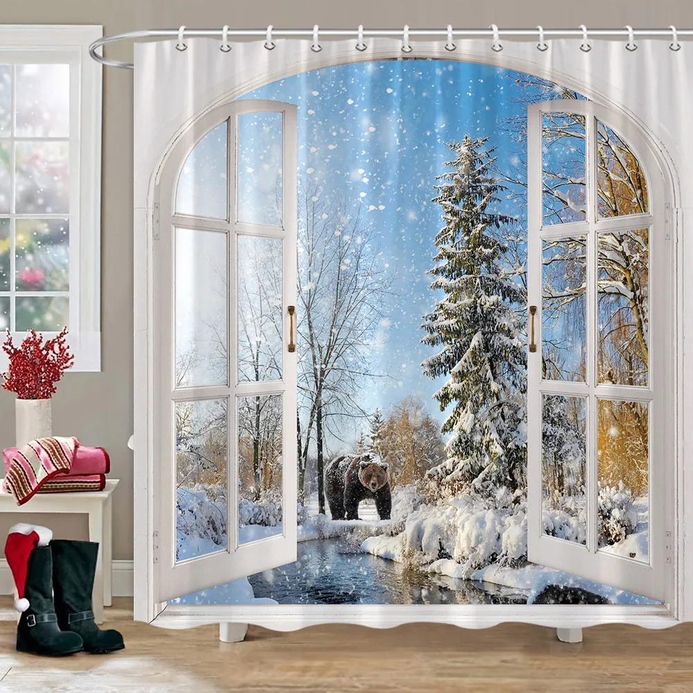Winter Outdoor Forest Snow Shower Curtain Simulation Window Landscape Polyester Fabric Water Shower Curtains Bathroom Decoration