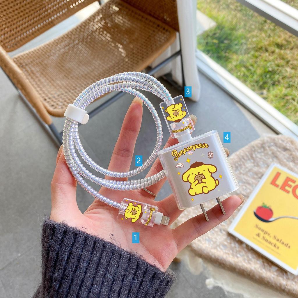 Apple Data Cable Protection Kit: 20W Charging Head, Transparent Cartoon Design, 4-Piece Set