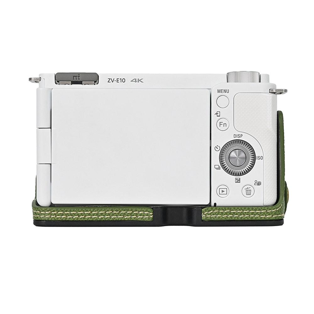 Kamera-Halbhülle aus PU-Leder mit Palmenmuster für Sony ZVE10 ZV-E10, Batterieöffnung mit Handschlaufe