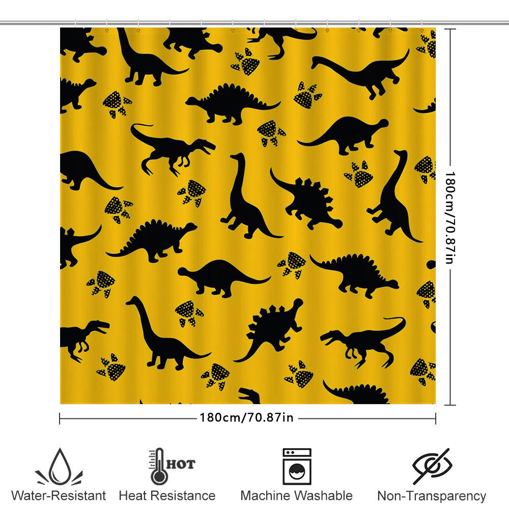 Kinder Cartoon Dinosaurier Duschvorhang Gelber Hintergrund Mit Schwarzen Silhouetten Für Badezimmer Dekor Wasserdichtes Gewebe Anpassbar