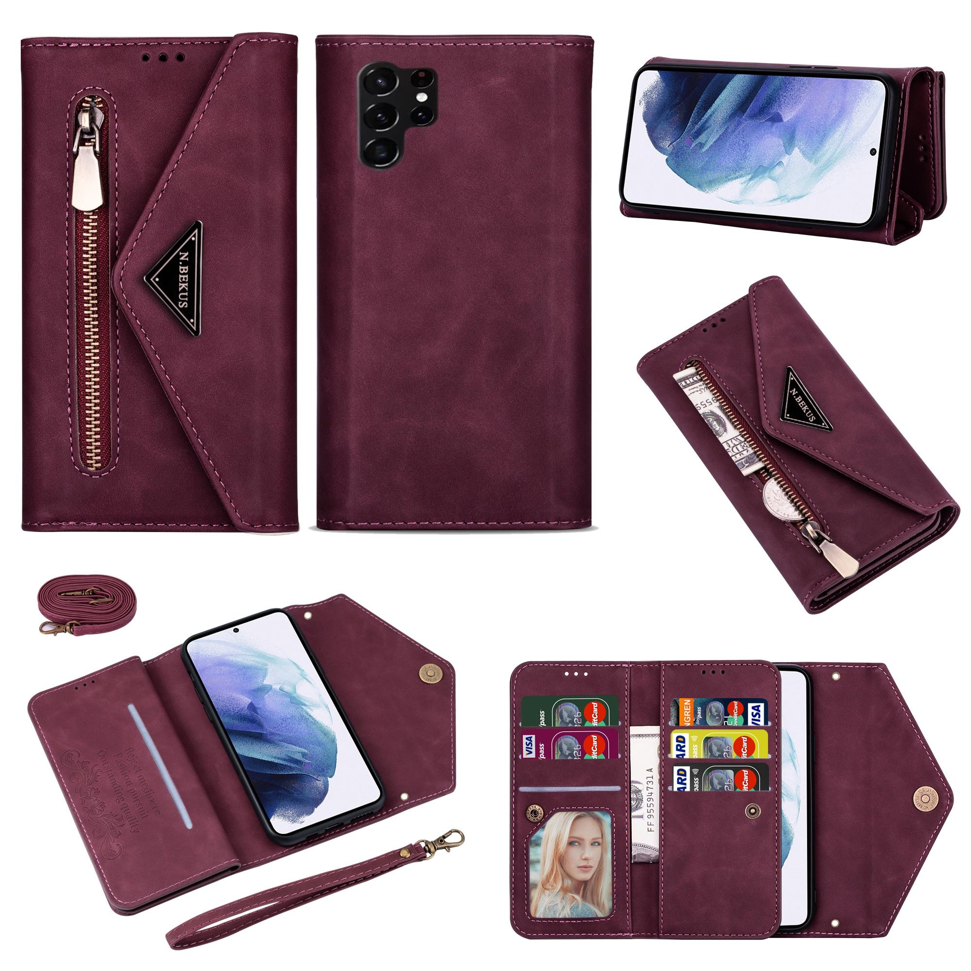 

N.BEKUS Чехлы для Samsung Galaxy S25 Ultra Кожаный чехол-кошелек с ремешками Wine Red