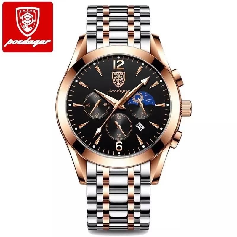 Poedagar 829 Luxury Men Watch Chronograph Quartz Stainless Steel Band Waterproof Luminous Hands Casual Business Wristwatch