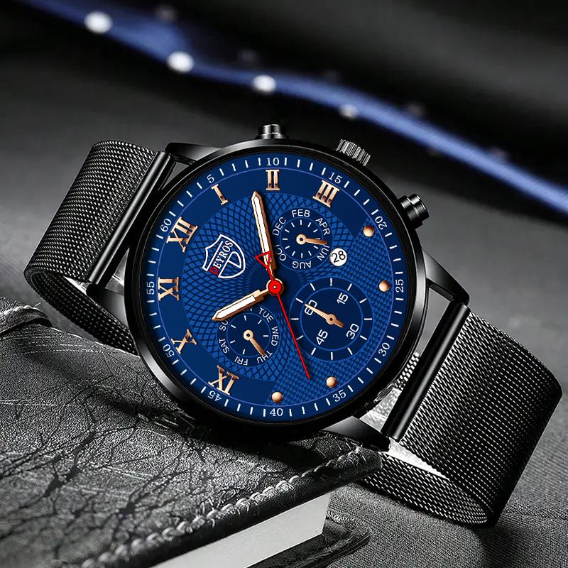 3pcs/set, 1pc Men's Luxury Business Stainless Steel Mesh Band Quartz Watch & 1pc Bracelet & 1pc Necklace with