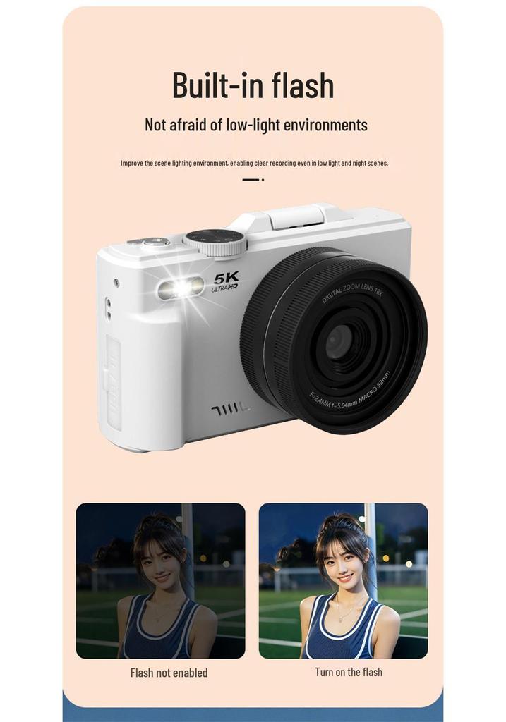 5K HD Flip Screen Camera WD08 with WiFi, Autofocus, Beauty Filters, Retro Mirrorless Design.