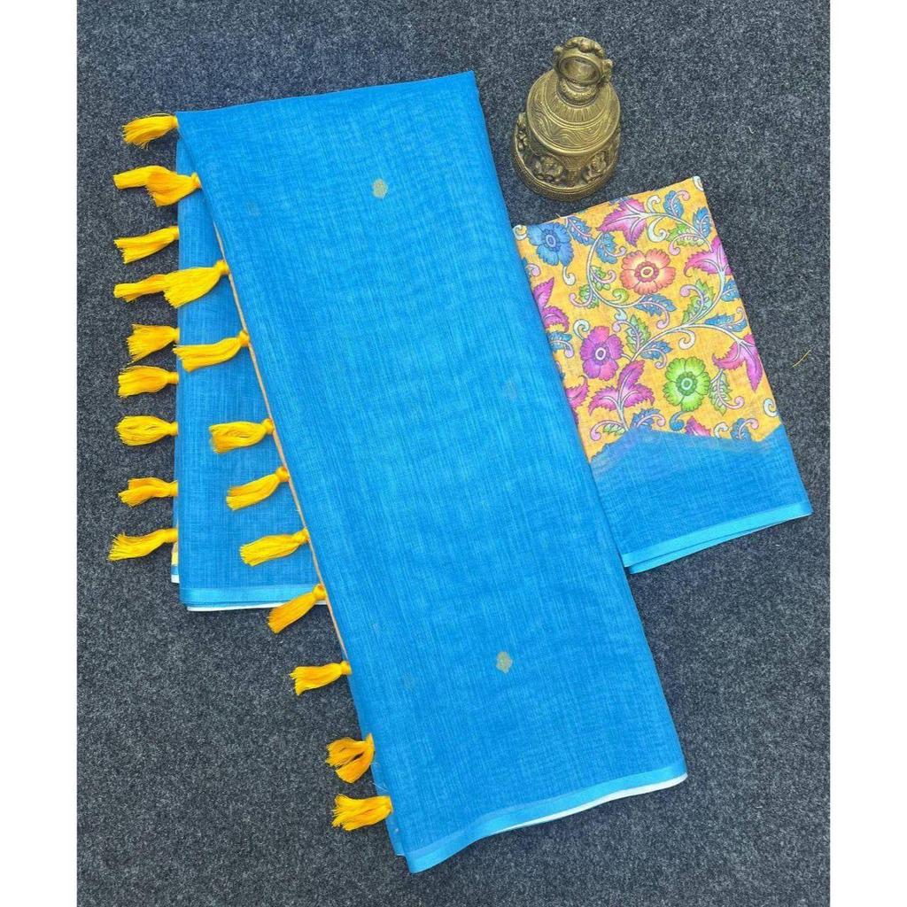 Sari en lin avec bordure jari argentée
