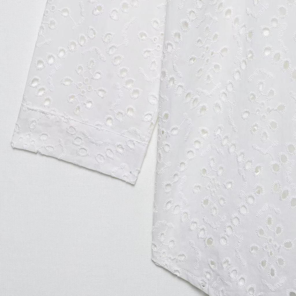 2025 Lato Damska Haftowana Ażurowa Koszula Casual z Klapami - Styl Europejski i Amerykański