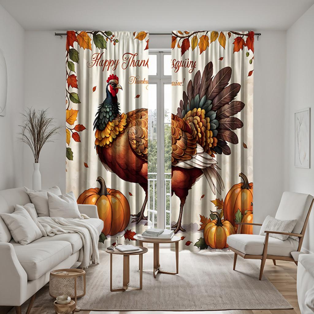 2pcs HD Thanksgiving Rooster Pumpkin Decorative Curtain Yellow Tie Digital Printed Curtain Home Decor Style Decoration Living